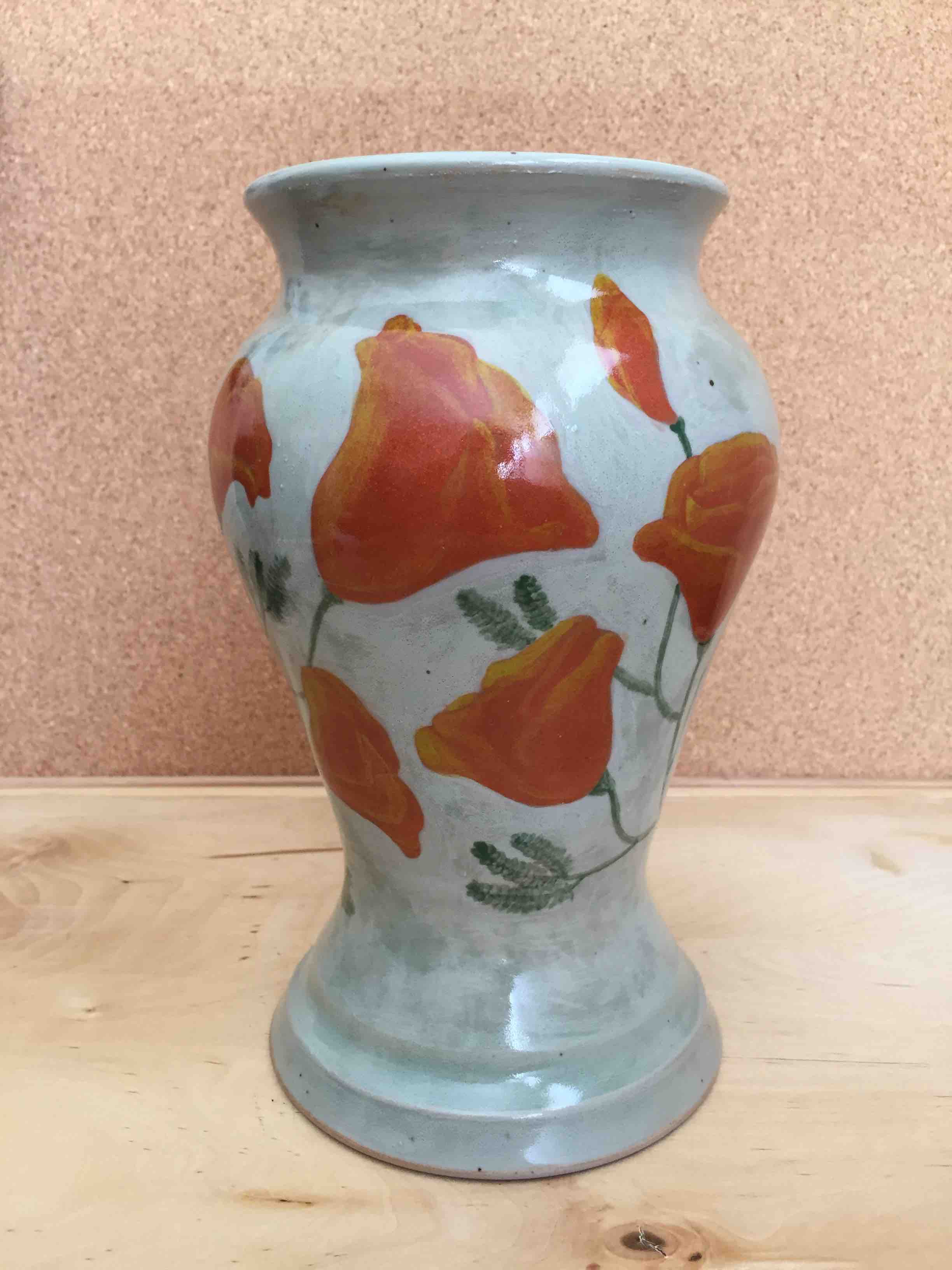 Ceramic vase with california poppy painting